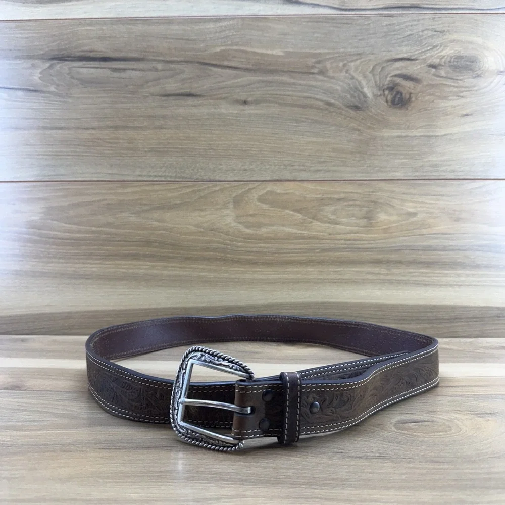 Ariat Tooled Mens Belt Size 38 Brown Leather Western Ranch Rodeo